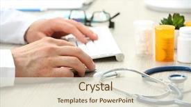  Presentation with teachers working around a table - Presentation theme featuring newdrugs - doctor working at table background and a  colored foreground