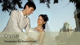  Presentation with married couple - Audience pleasing slides consisting of newly married couple smiling near tsaritsino palace at sunny day at moscow backdrop and a mint green colored foreground