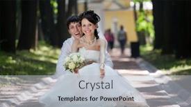  Presentation with married - Slide deck enhanced with newly married couple smiling at sunny day at alley in park background and a light gray colored foreground