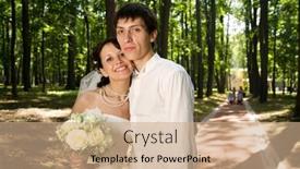  Presentation with married - Cool new slides with newly married couple smiling at sunny day at alley in park backdrop and a coral colored foreground