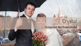  Presentation with married couple - Colorful PPT layouts enhanced with newly married couple under the rain at moscow near kremlin the cathedral of the virgin protectress at background backdrop and a mint green colored foreground