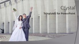  Presentation with married couple - Amazing PPT layouts having newly married couple waived their hands at city backdrop and a light gray colored foreground