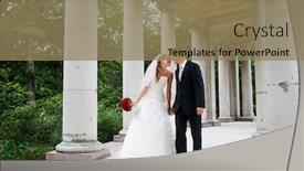  Presentation with old couple walking - Slide deck consisting of newly married couple walking at some old classic style pavilion background and a coral colored foreground