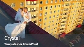  Presentation with married - Slide deck consisting of newly married couple with cup of coffee standing on the roof of house in the morning background and a tawny brown colored foreground