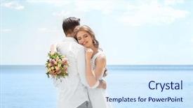  Presentation with seashore - Amazing PPT theme having newlywed couple hugging on seashore backdrop and a sky blue colored foreground