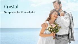  Presentation with seashore - Beautiful slide deck featuring newlywed couple hugging on seashore backdrop and a sky blue colored foreground