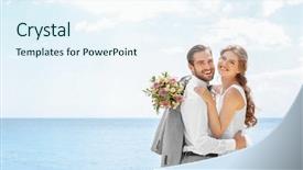  Presentation with seashore - PPT theme with newlywed couple hugging on seashore background and a sky blue colored foreground
