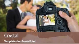  Presentation with camera - Amazing slide set having newlywed couple kissing besides wedding backdrop and a tawny brown colored foreground