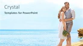  Presentation with rocky - Amazing PPT theme having newlywed couple standing on rocky beach backdrop and a sky blue colored foreground