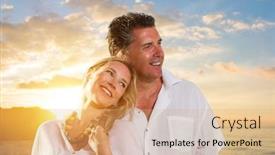  Presentation with happy holidays - Audience pleasing presentation design consisting of newlywed happy young couple embracing enjoying ocean sunset during travel holidays vacation getaway backdrop and a coral colored foreground