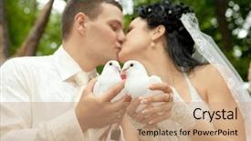  Presentation with holding hands - Colorful slides enhanced with newlyweds kissing holding white dove backdrop and a coral colored foreground