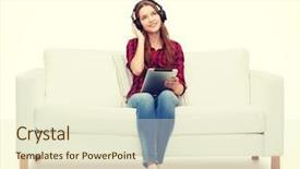  Presentation with teenage girl - Audience pleasing slides consisting of newmusic - home leisure technology and happiness backdrop and a cream colored foreground