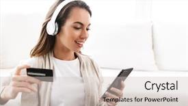 Presentation with mobile home - PPT theme with newmusic - smiling beautiful girl relaxing background and a light gray colored foreground