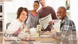  Presentation with breakfast - PPT theme having newpaper - group of young friends preparing background and a coral colored foreground