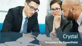  Presentation with round table - PPT theme featuring news agency - portrait of three business people background and a ocean colored foreground