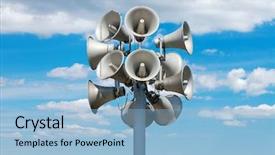  Presentation with alert - PPT layouts featuring news alert - many loudspeakers against cloudy blue background and a light blue colored foreground