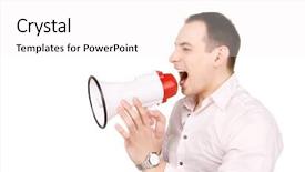  Presentation with alert - Slide deck consisting of news alert - picture of businessman with megaphone background and a white colored foreground