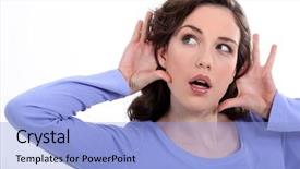  Presentation with listening and communication skills - Slide deck enhanced with news alert - woman listening something carefully background and a light blue colored foreground