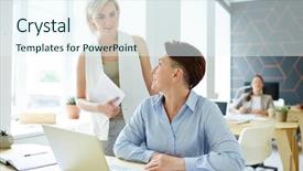  Presentation with discussion - Audience pleasing presentation theme consisting of news anchor - confident colleagues having discussion backdrop and a  colored foreground