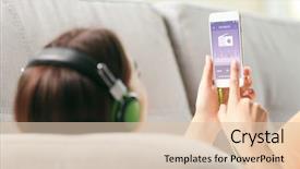  Presentation with mobile phone in woman hand - Audience pleasing PPT layouts consisting of news channel - woman listening to radio backdrop and a lemonade colored foreground