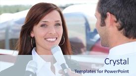  Presentation with airport - Slide set having journalist - reporter interviewing woman in airport background and a sky blue colored foreground
