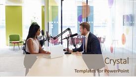  Presentation with radio news - Colorful slide set enhanced with news talk radio - young woman interviewing a guest backdrop and a lemonade colored foreground