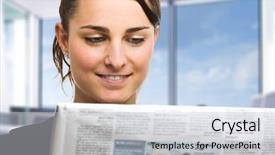  Presentation with newspaper - Beautiful PPT theme featuring news print - business woman reading a newspaper backdrop and a light gray colored foreground