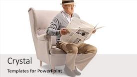  Presentation with 3d man sitting question mark - Beautiful presentation theme featuring news print - senior man sitting backdrop and a light gray colored foreground