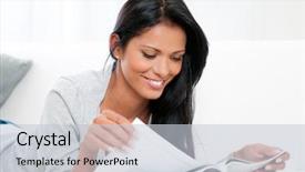  Presentation with reading - Presentation having news readers - beautiful young woman reading magazine background and a light gray colored foreground