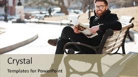  Presentation with man sitting bench - Theme having news readers - cheerful bearded young man background and a coral colored foreground