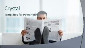  Presentation with camera - PPT layouts with news readers - young businessman on sofa looking background and a sky blue colored foreground