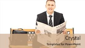  Presentation with rustic wood wooden frame - Slide set featuring news readers - young businessman sitting background and a coral colored foreground