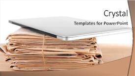  Presentation with journalism - Slide deck enhanced with news reportage journalism - laptop with stack of newspapers background and a white colored foreground