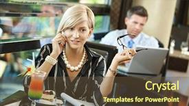  Presentation with reading table - Audience pleasing presentation consisting of news room - young businesswoman sitting at table backdrop and a  colored foreground