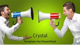  Presentation with green officebuilding man - Amazing slides having news studio - two man shouting on megaphone backdrop and a  colored foreground