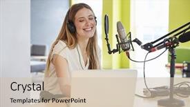  Presentation with radio news - Slide deck having news talk radio - happy young woman broadcasting background and a soft green colored foreground