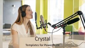  Presentation with broadcasting - Amazing PPT layouts having news talk radio - young woman broadcasting backdrop and a soft green colored foreground