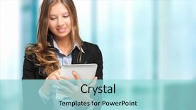  Presentation with tablet - Beautiful slide deck featuring news technology - young woman using a tablet backdrop and a arctic colored foreground