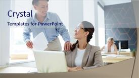  Presentation with consulting - PPT theme consisting of newscasting - newscasters consulting about working moments background and a sky blue colored foreground