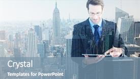  Presentation with businessman standing on mountain top - Presentation design consisting of newscroll - businessman standing while using background and a  colored foreground