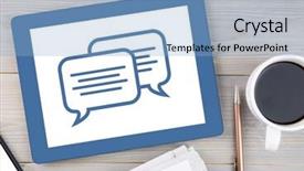  Presentation with chat - Colorful PPT theme enhanced with digital composite of chat icons on tablet backdrop and a light blue colored foreground