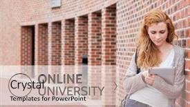  Presentation with digital university - PPT theme with digital composite of education and online university text and woman looking at a tablet background and a soft green colored foreground