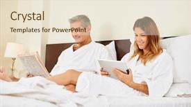  Presentation with hospital hotel - Presentation design featuring newspaper and watching tablet computer background and a  colored foreground