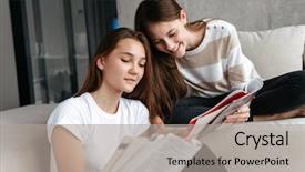  Presentation with friends - Audience pleasing presentation design consisting of newspaper free - two cheerful teenager girls friends backdrop and a light gray colored foreground