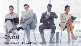  Presentation with waiting line - Colorful slide set enhanced with newspaper times - waiting room with business people backdrop and a light blue colored foreground