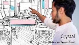  Presentation with hacker in pink and black - Slide deck enhanced with point point b - businessman blurred pointing the big background and a light gray colored foreground