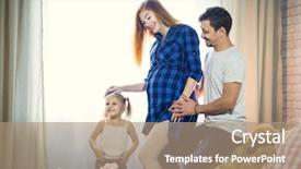  Presentation with new birth - Cool new PPT theme with family of three pregnant mom dad and little daughter embrace the pregnant woman and stroke her belly happy and waiting for the birth of a new child backdrop and a coral colored foreground