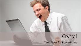  Presentation with young man holdng laptop on lap money - Presentation theme enhanced with newsworthy - businessman triumphing in front background and a light gray colored foreground