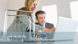  Presentation with newton cradle - Beautiful theme featuring newton cradle - serious blonde businesswoman explaining something backdrop and a light gray colored foreground