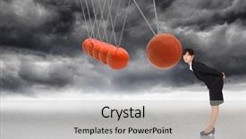  Presentation with city - Slide deck enhanced with newton cradle - serious businesswoman bending against city background and a light gray colored foreground